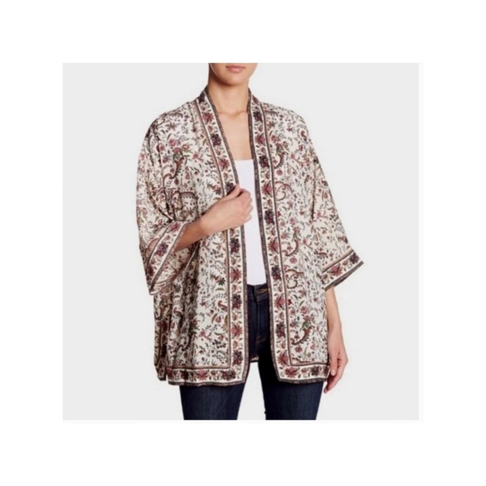 Max Studio Floral Kimono Cardigan Medium Cream Boho Open Front Duster